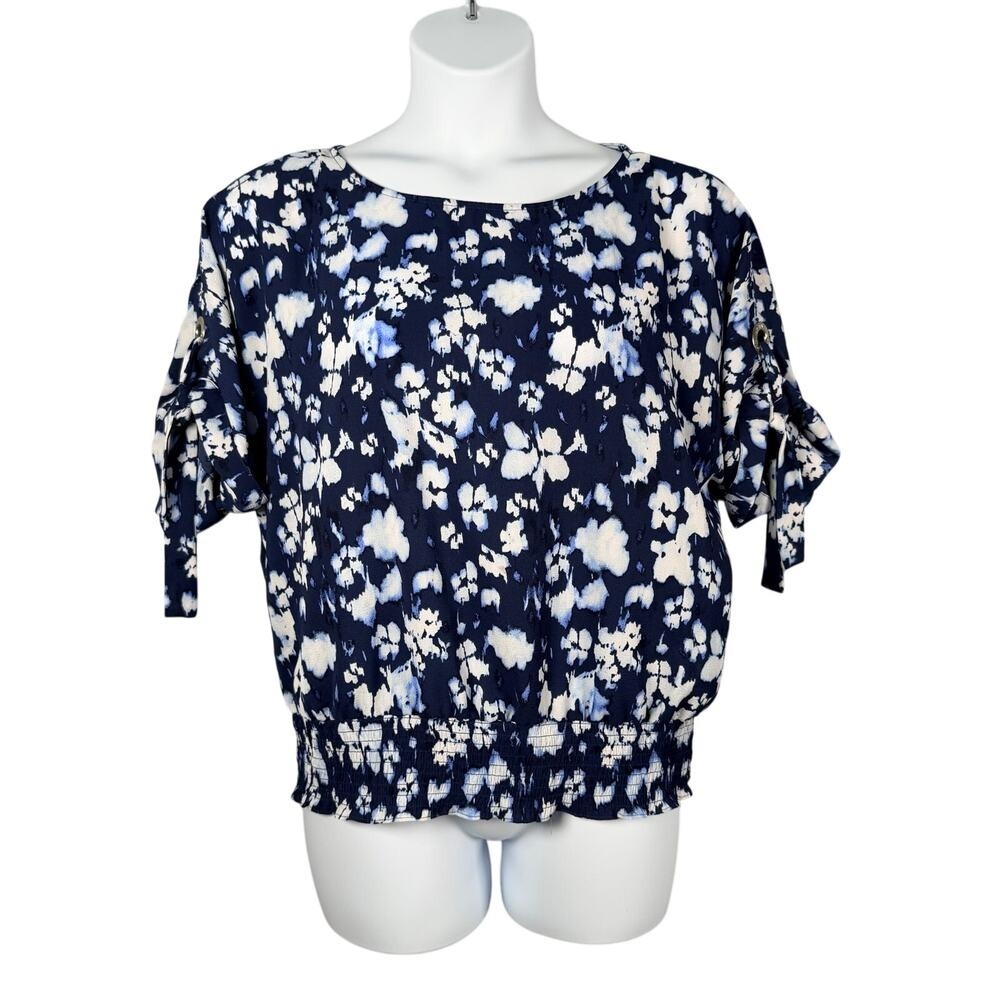 Michael Kors Blouse XL Navy Watercolor Floral Smocked Tie Sleeve Cruise Casual